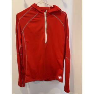 REI 1/4 Zip Hooded Long Sleeve Men M Red Grey Stitching Thumb Holes Hiking Ski